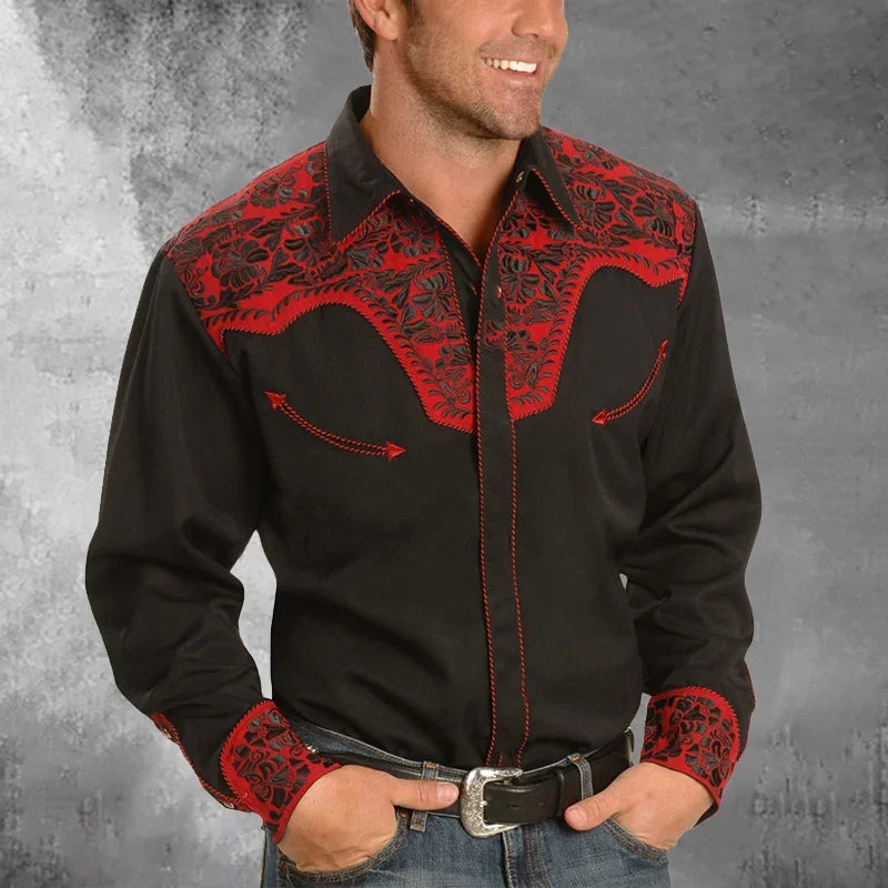 2024 Men's Long Sleeve Western Denim Shirt, Outdoor Casual Party, HD Pattern, Soft and Comfortable Button Lapel T-shir