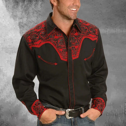 2024 Men's Long Sleeve Western Denim Shirt, Outdoor Casual Party, HD Pattern, Soft and Comfortable Button Lapel T-shir