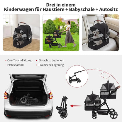 Dog Pushchair Foldable Pet Trolley with 2 Removable Dog Crate Bag for Two Small Dogs Cats Load Capacity Up To 15 Kg Per Level