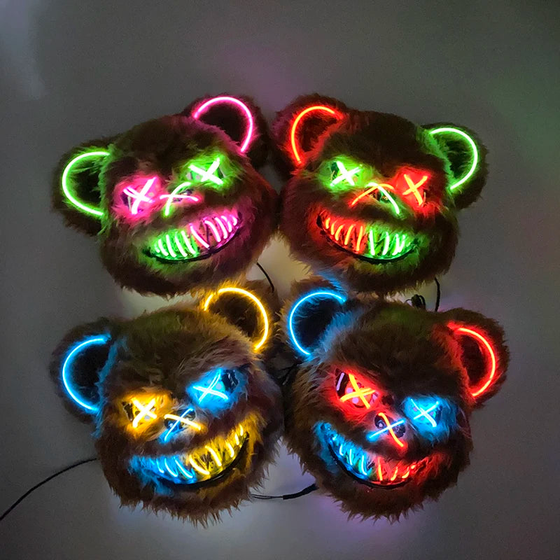 LED Bloody Rabbit Mask Glowing Killer Black Bear Mask Halloween Dance Party Cosplay Costume Props Assassinated Plush Rabbit Mask