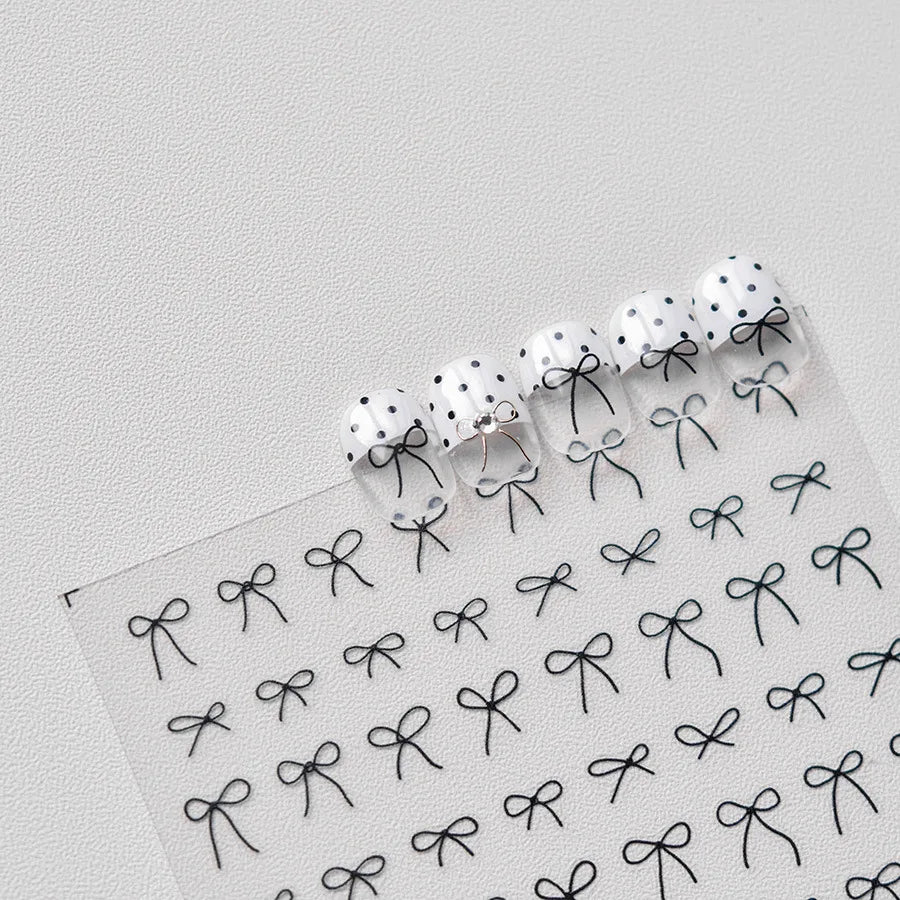 Black White Bow Tie Mini Bowknot Line Rhinestones Gold Silver Laser 5D Self Adhesive Nail Art Decoration Sticker Manicure Decals