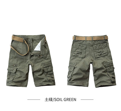 2026 Summer Men's Cotton Cargo Shorts Multi-Pocket Casual Short Pants Male Hiking Loose Solid Jogging Shorts No Belt Plus Size