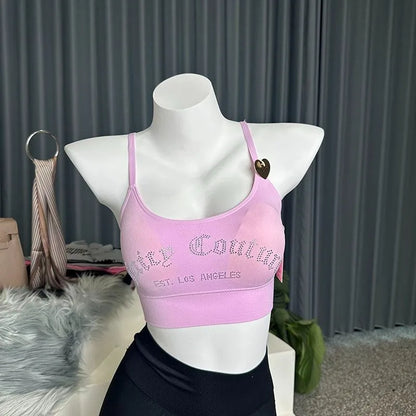 Juicy Couture Women's Seamless Rhinestone Logo Dark Purple Bralette Adjustable Strap Wireless Comfort Crop Top Bra Underwear