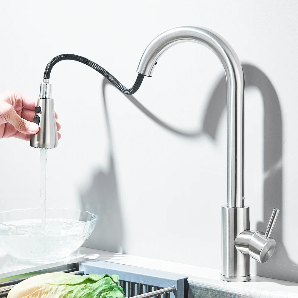 Kitchen Faucets Brushed Nickel Pull Out Kitchen Sink Water Tap Deck Mounted Mixer Stream Sprayer Head Hot Cold Taps Sliver