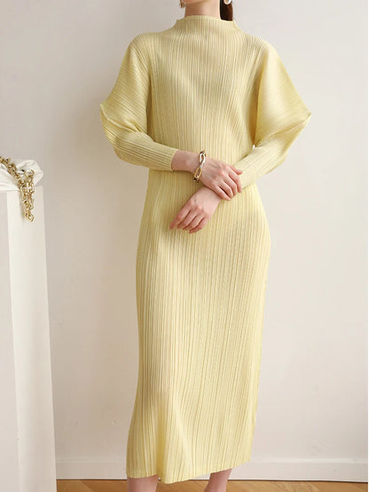 Miyake Pleats Batwing Sleeve Pleated Long Dress Korean High Fashion Causal Elegant Women Designer Clothing