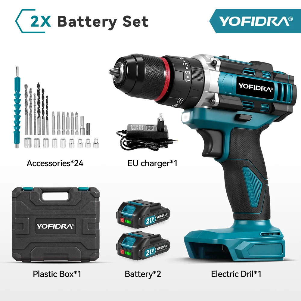 YOFIDRA 3 IN 1 25+3 Torque Electric Impact Drill  Handheld Cordless Impact Drill Woodworking Power Tool For Makita Battery Pin