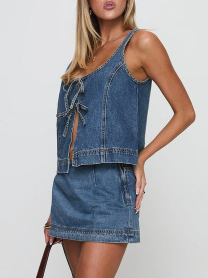 Women's Tie Front Denim Jean Vest Top and Mini Skirt 2-Piece Set Summer Trendy Going Out Outfits Clothes Summer Chic Streetwear