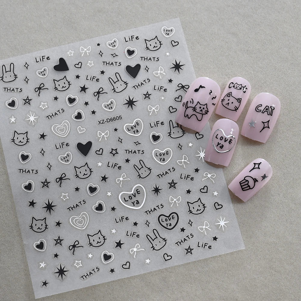 12pcs/set Cute Cartoon Dog/Cat Nail Art Stickers 3D Graffiti Black Cat Dog  Nail Decals 8*10cm Self-Adhesive Cartoon Nail Art Su
