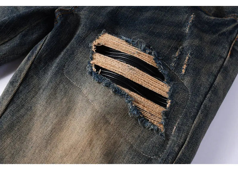 Y2k New Men's Jeans Washed Nostalgic Perforated Black Leather Patch Deep Blue Jeans High Street Designer Hip-Hop Brand High-Qual