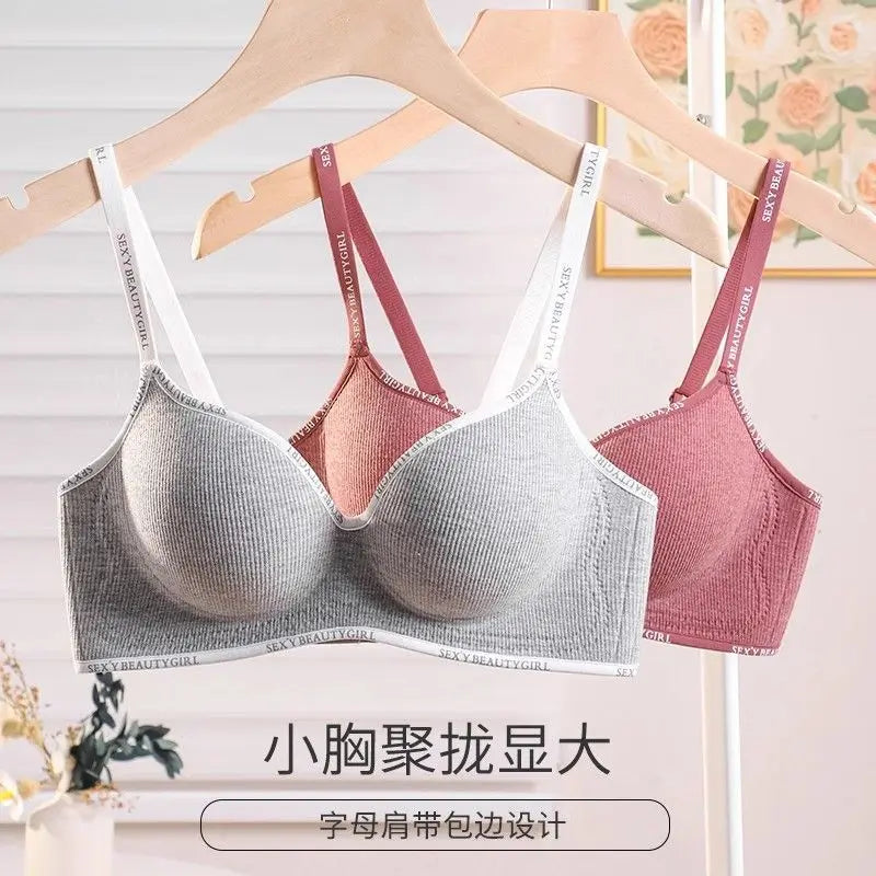 6cm Thickened Push-Up Bra for Small Chest Wireless No Steel Ring Letter Print Adjustable Straps Anti-Slip Pads Seamless Lingerie