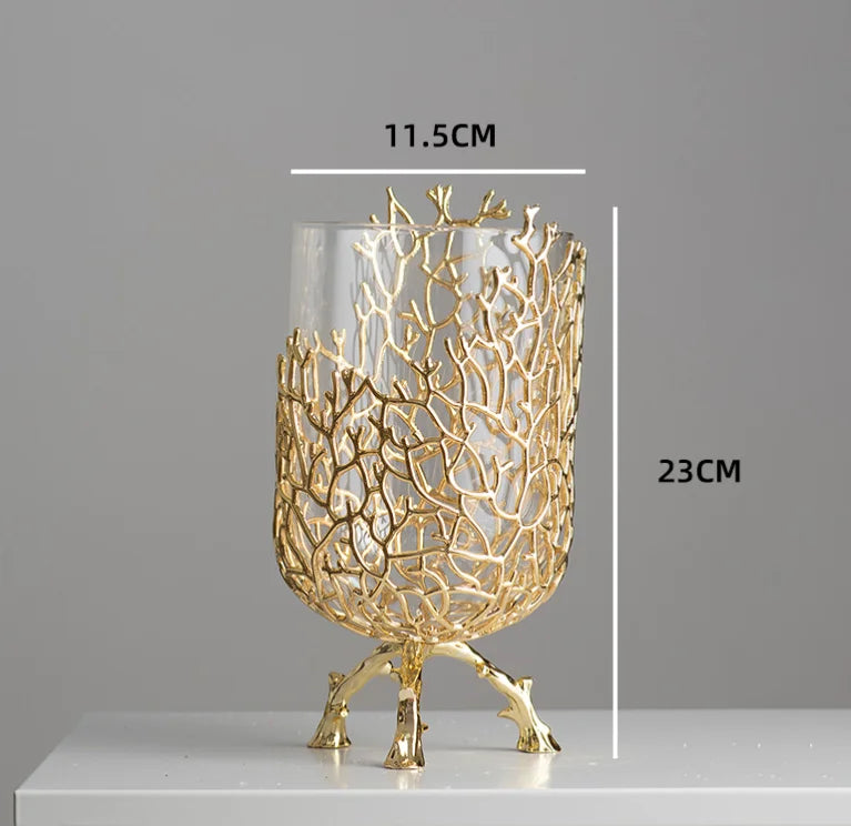Gold Hollow Coral Vase Transparent Glass Vase Ornament Metal Rack Living Room Hydroponic Flower Arrangement Home Decoration