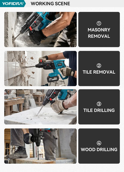 YOFIDRA 26MM Brushless Electric Hammer Drill Multifunctional Rotary Cordless Rechargeable Power Tools For Makita Battery Pin