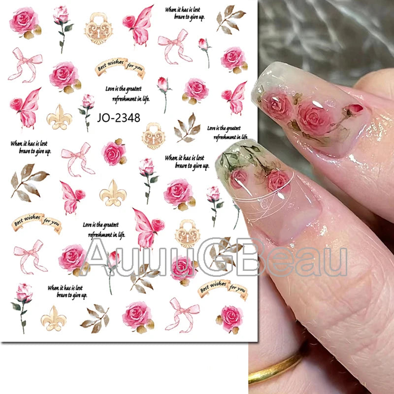 3d Nails Art Decals Spring Fruits Pink Full Tips Peony Magnolia Flowers Adhesive Sliders Stickers Decoration For Nails Manicure