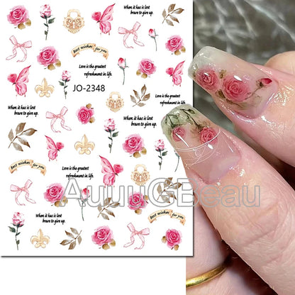 3d Nails Art Decals Spring Fruits Pink Full Tips Peony Magnolia Flowers Adhesive Sliders Stickers Decoration For Nails Manicure
