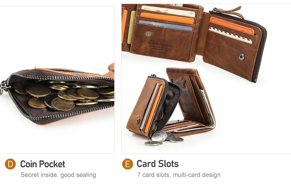 CONTACT'S Genuine Leather Short Wallets for Men Trifold Card Holder Money Clip Coin Purse Male Pocket Wallets Men's Purse Bags