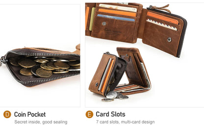 CONTACT'S Genuine Leather Short Wallets for Men Trifold Card Holder Money Clip Coin Purse Male Pocket Wallets Men's Purse Bags