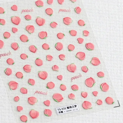 Lovely Red Fruit Strawberry Cherry Bowknot Love Heart Star Silk Ribbon 5D Nail Art Stickers Chic Self Adhesive Manicure Decal