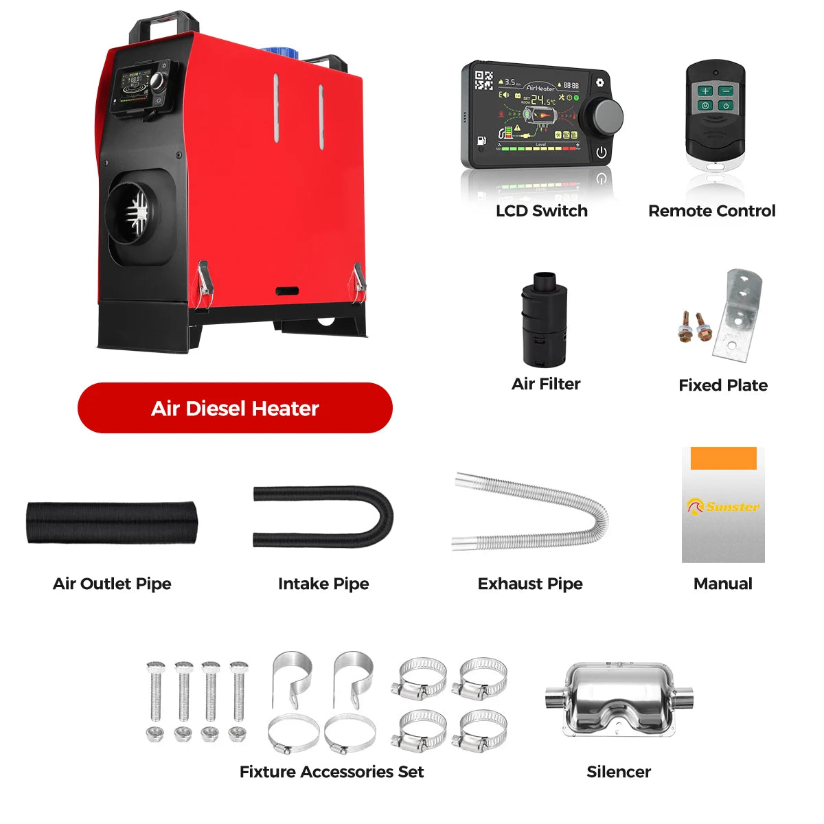 Sunster 12V/24V 8KW Diesel Air Heater Bluetooth APP Night Heater All-in-One with Remote Control Parking Air Heater for Car RV