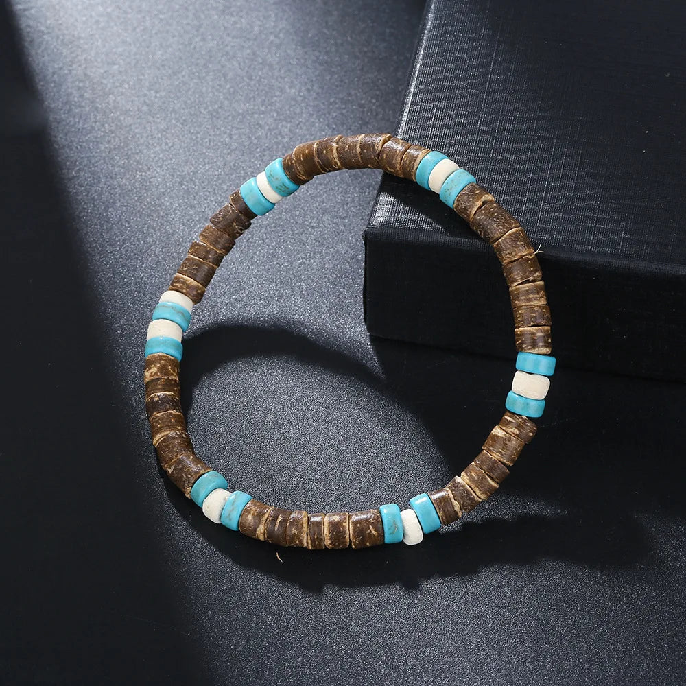 Coconut Wood Beaded Bracelet Eiastic Turquoise Stone Bead Bracelets for Men and Women Handmade Stacking Wooden Stretch Bracelets
