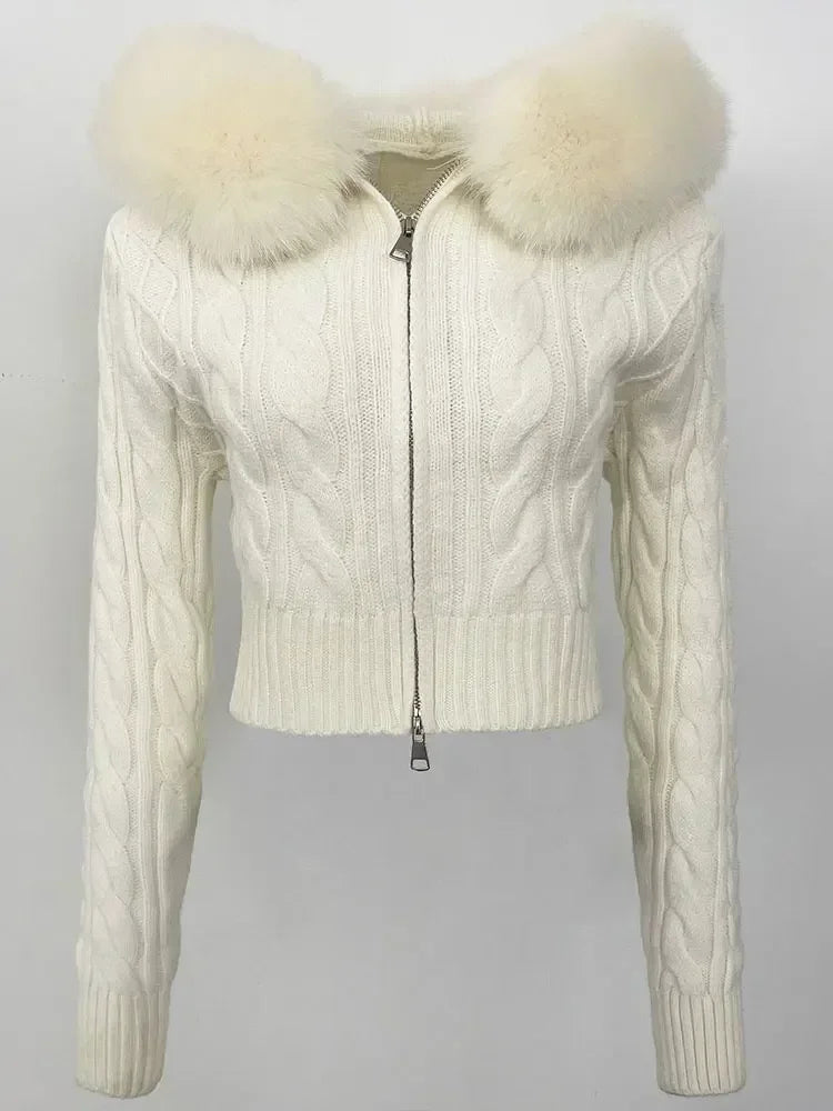 Fashion Natural Fox Fur Collar with Knitted Sweater Women Casual Sweater 2025 New Spring Autumn Slim Fit Elastic Oversized Coat