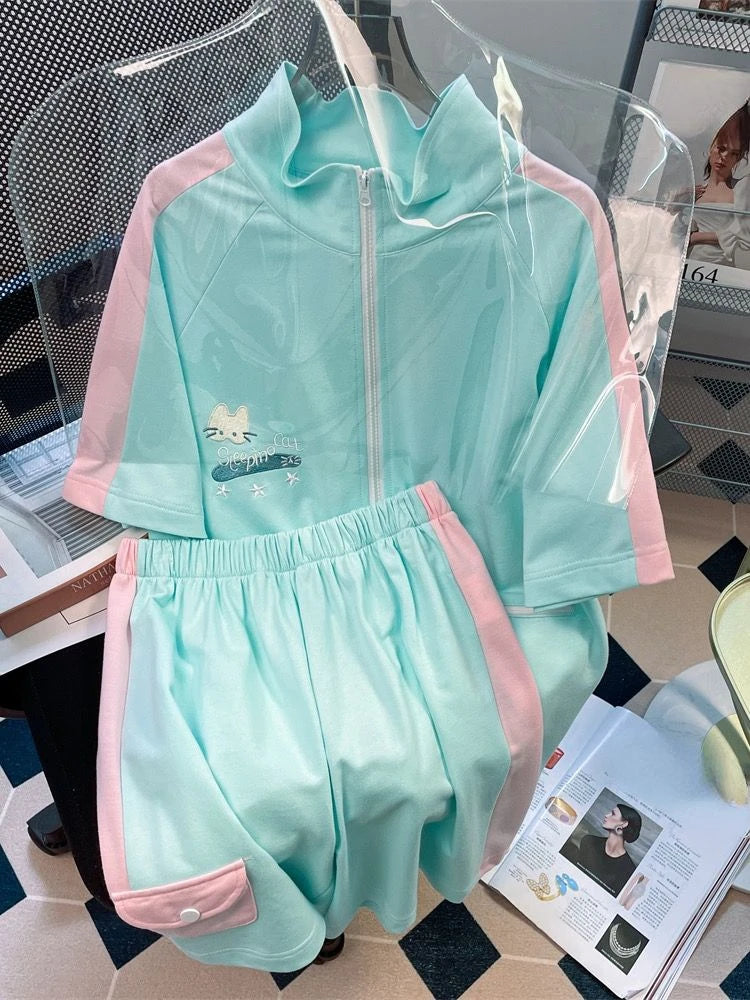 Summer Cartoon Embroidery Two Piece Set Women Hoodie Harajuku Shorts Outfits Tops Contrast Color Casual Loose Y2k Aesthetic Suit