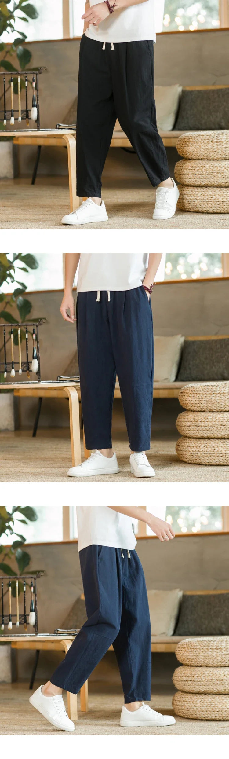 Streetwear Men Cotton Trousers Casual Solid Color Long Pants Breathable Drawstring Straight Pants Harem Pants Men Baggy Pants