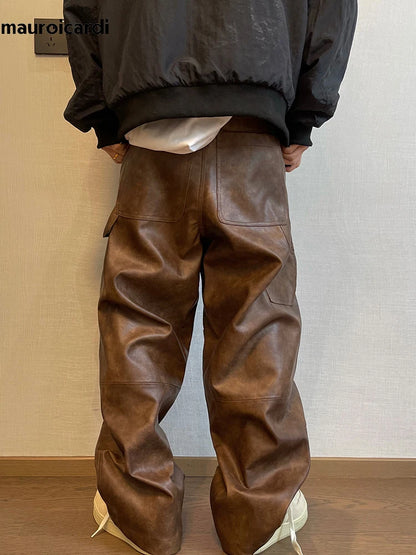 Mauroicardi Autumn Long Retro Cool Baggy Distressed Washed Brown Soft Pu Leather Wide Leg Pants for Men Luxury Designer Clothes