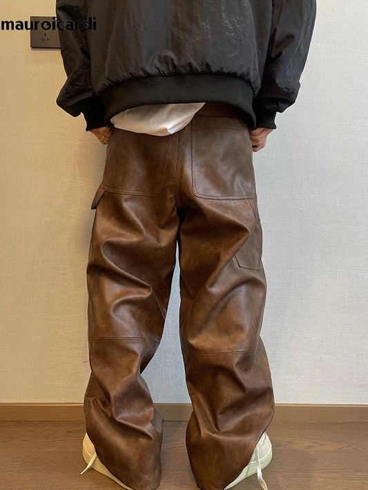 Mauroicardi Autumn Long Retro Cool Baggy Distressed Washed Brown Soft Pu Leather Wide Leg Pants for Men Luxury Designer Clothes