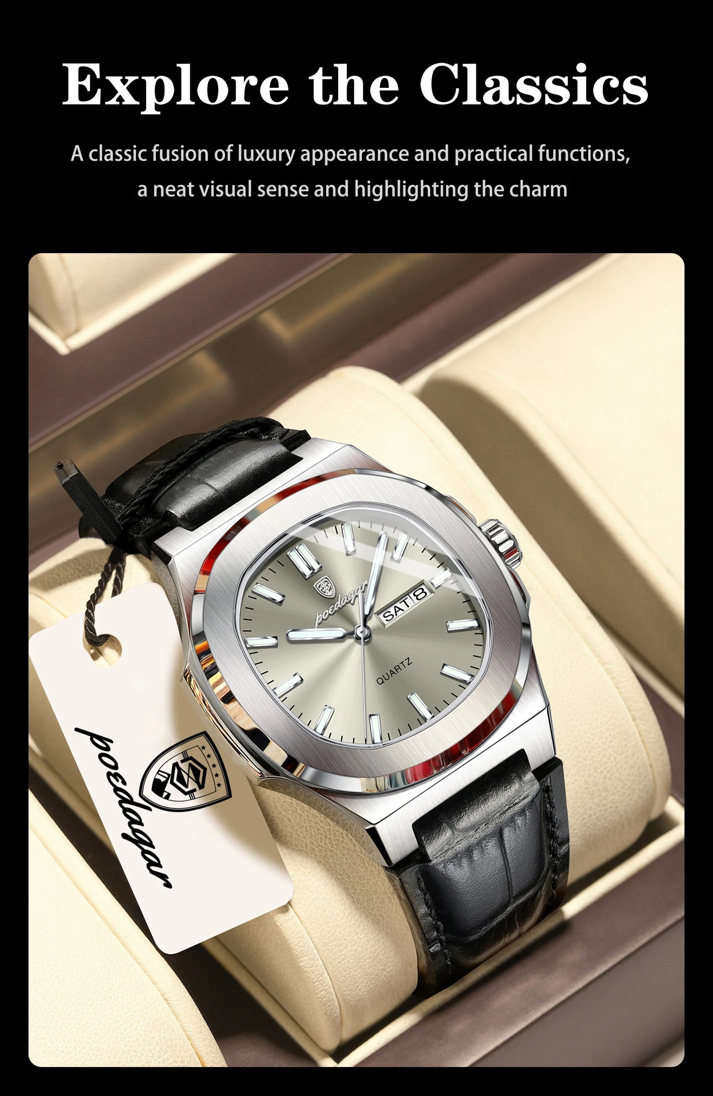 POEDAGAR Top Fashion Men's Quartz Watches Luxury Luminous Waterproof Man Clock Week Date Leather Business Men Watch Reloj Hombre