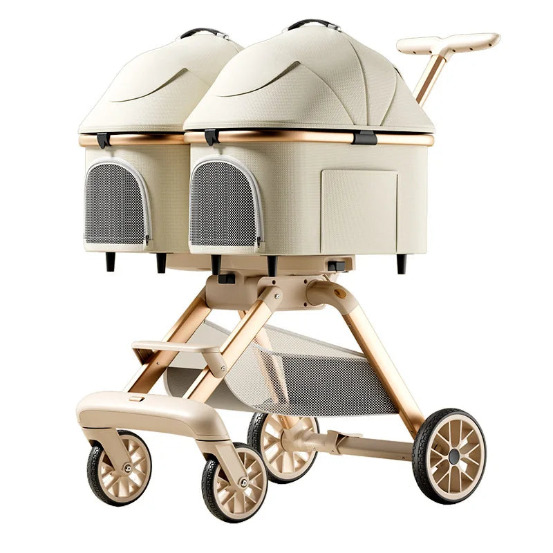 Twin Pet Cart Double Cabin Walking Pet Artifact Cat and Dog Outdoor Small and Medium Lightweight Foldable Double Layer Cart
