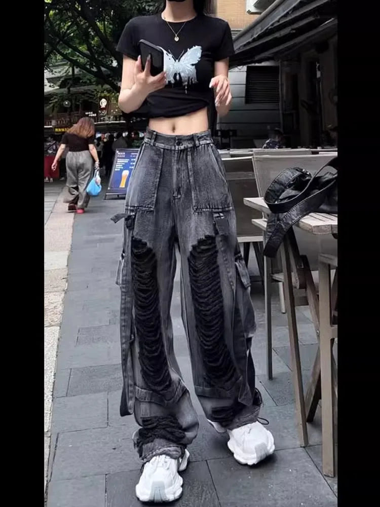 American Retro Washed Black Hole Denim Pants Women's Style 2026 Autumn New Street Design Wide Leg Pants High Waist Straight Leg
