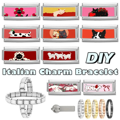 2025 New Women's Gift Cute Rabbit Cat Dogs Italian Charms Links Beads Fit 9mm Stainless Steel Modular Modular Bracelet Jewelry