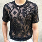 Sexy Round Neck T Shirt Soft Velvet Slim Men Clothing Nightclub Short-sleeved Top Quality Transparent Floral T Shirt See Through