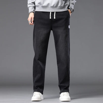 Autumn Winter Blue Jeans Men Drawstring Elastic Waist Cotton Cargo Denim Pants Work Fashion Thick Trousers Male Plus Size M-4XL