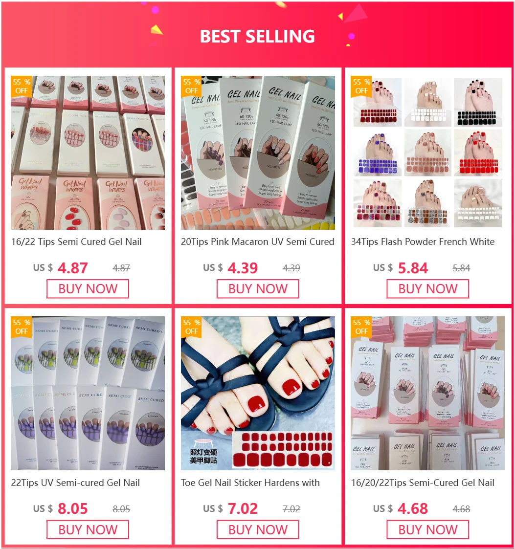 16/20/22Tips Semi-Cured Gel Nail Wraps Full Cover Manicure DIY Waterproof Long Lasting Gel Nail Stickers set for UV Lamp Need