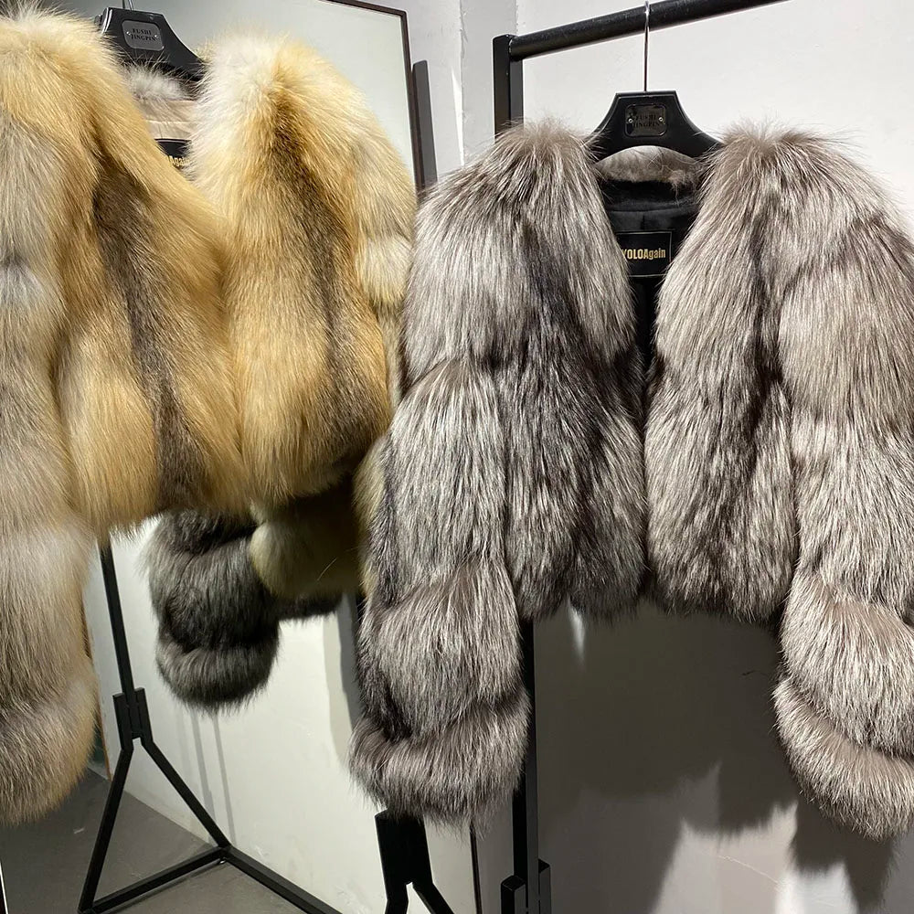 YOLOAgain Women's Natural Fox Fur Jacket 2025 Winter Warm Luxury Real Fox Fur Coat