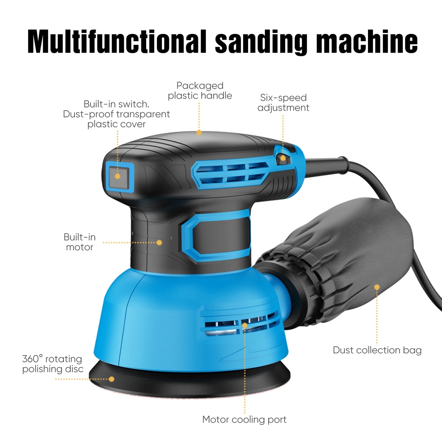 5 Inch Variable Speed Orbital Sander, Eccentric Grinding & Polishing Machine, Handheld Electric Sander for Paint Polishing, Surface Sanding, Rust Removal, Wood and Metal Finishing Work