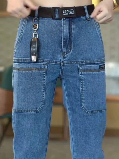 Spring Summer Thin Six Pocket Men's Jeans Elastic Straight Leg Casual Slim Fit Jeans Versatile Multi-Pocket Long Y2K Denim Pants