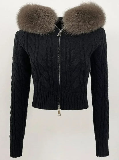 Fashion Natural Fox Fur Collar with Knitted Sweater Women Casual Sweater 2025 New Spring Autumn Slim Fit Elastic Oversized Coat