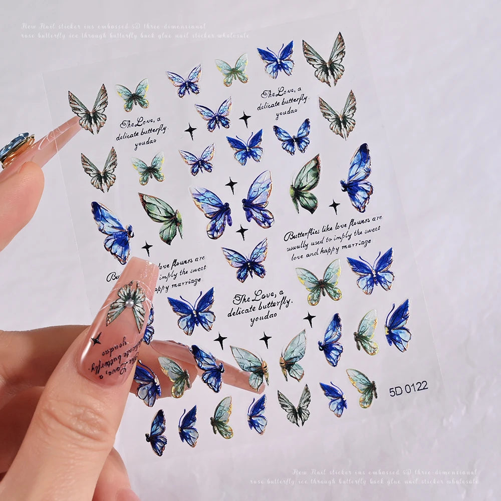 5D Hibiscus Flower Nail Embossed Sticker Acrylic Pink White Gold Petal Leaf Adhesive Decal Butterfly Dragon Floral Elegant Decor