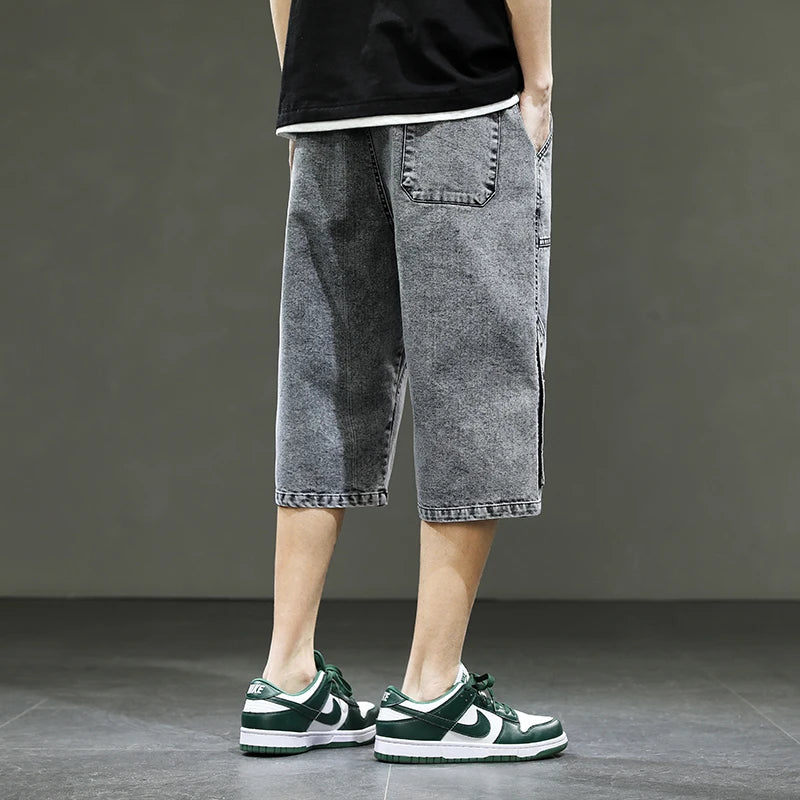 Korean Style Men's Long Shorts 3/4 Length Denim Bermuda Male Big Plus Large Size Jeans Fashion Below Knee Streetwear Loose Baggy