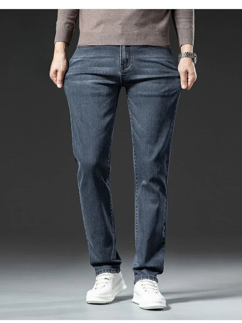 Winter Warm Men's Jeans Fleece Thickened Elastic Smoke Gray Black Business Straight Casual Denim Pants Brand Man PlushClothes