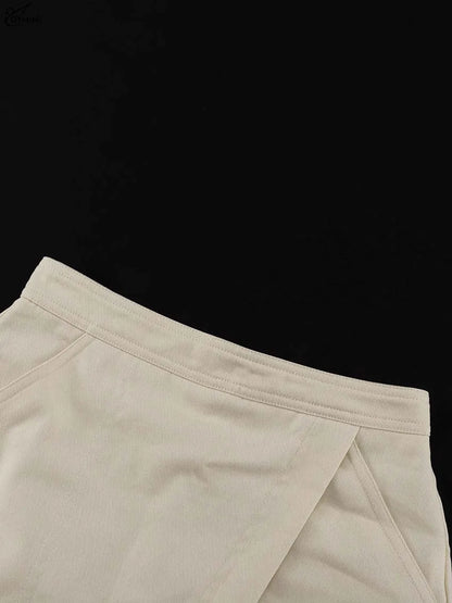 Oymimi Fashion Beige 2 Piece Sets Woman Outfit Elegant Lapel Short Sleeve Pockets Side Slit Shirts And High Waisted Shorts Sets