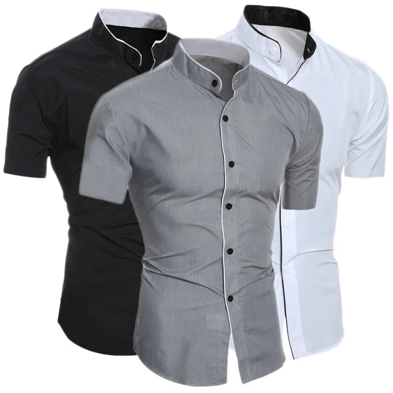Summer Men's Stand Collar Solid Color Block Short Sleeve Casual Fashion Single Breasted Contrast Shirt