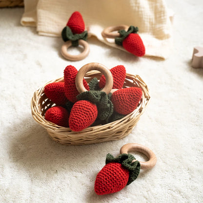 Wooden Baby Teether Cute Fruit Style Handmade Crochet Rattle Toys Newborn Soother Teething Chew Toys for Boys Girls Babies Gifts