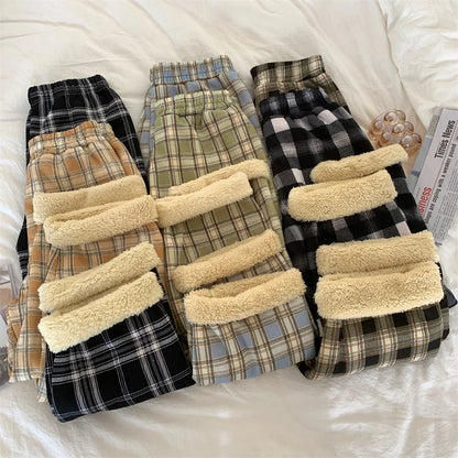 JMPRS Fashion Warm Plush Pants Thick Plaid Women Casual Loose Wide Leg Trousers Korean Streetwear Straight Student Pants New