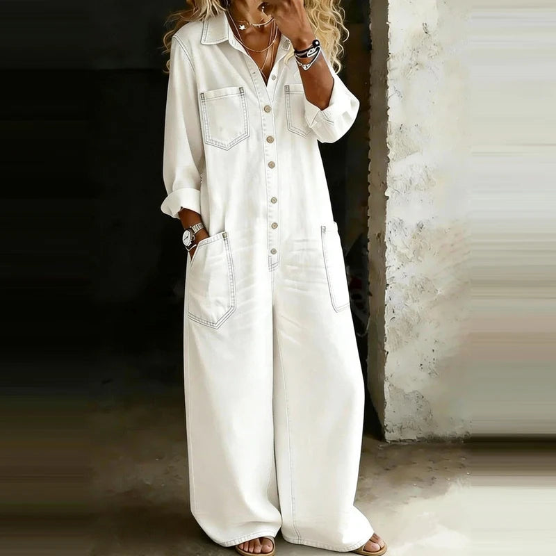 Casual Lapel Button Commute High Waist Romper Spring Summer Lady Playsuits Overalls Vintage Denim Long Sleeve Wide Leg Jumpsuits