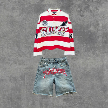 2 Pcs Shirts Co-ords Sume Rugby Diamond Embroidery Stripe Polo Shirt Y2K Retro Classic Unisex Oversized Long Sleeved Shirts Sets