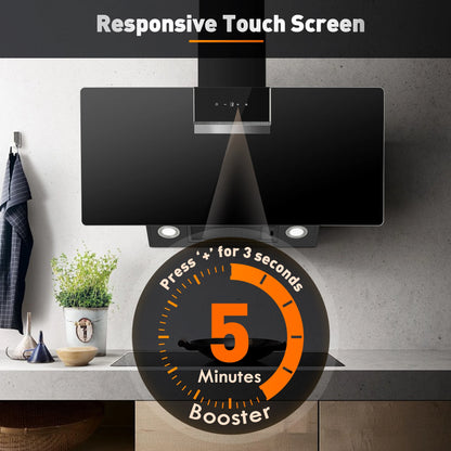 90cm Wall Mounted Cooker Hood 800m³/h A+++ LED Touch Control, Black Glass - Recirculation/Exhaust Option