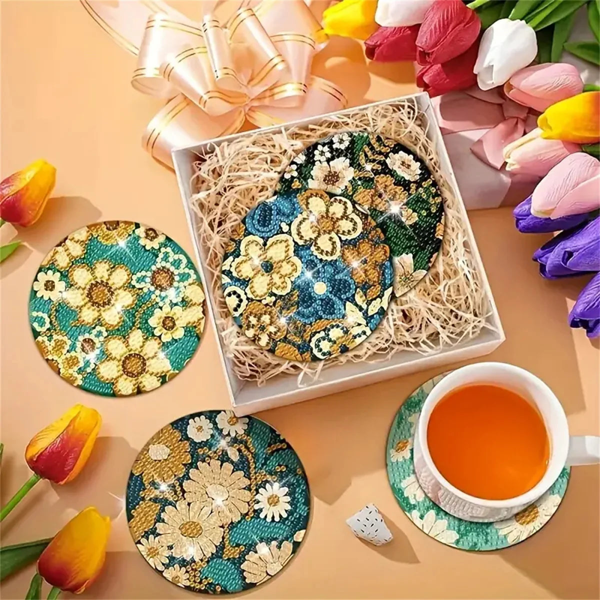 8pcs/Set DIY Diamond Painting Coasters with Holder Anti Slip Wood Drip Mats Crystal Rhinestones Diamond Art Coasters for Adults